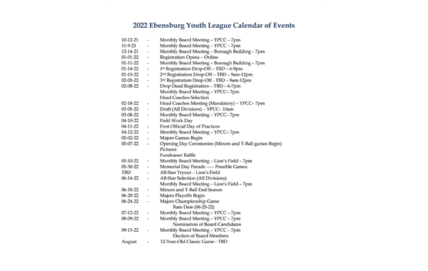 2022 Schedule of Events