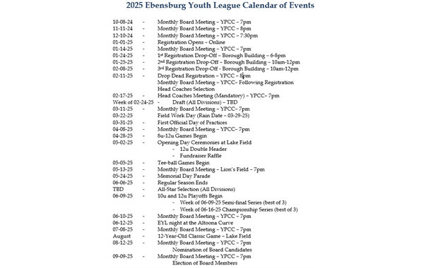 2025 Calendar of Events